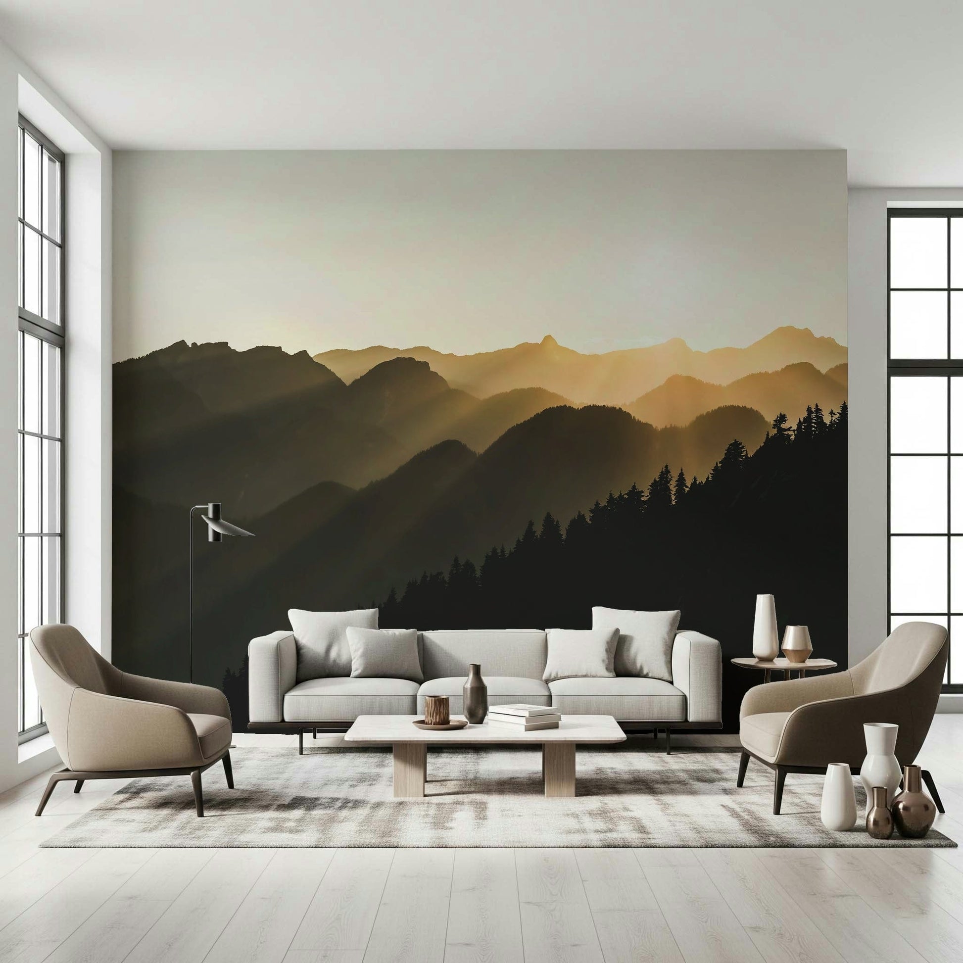 Mountain Dawn Woodland wall covering, calming hues of sepia and night.
