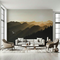Mountain Dawn Woodland wall covering, calming hues of sepia and night.