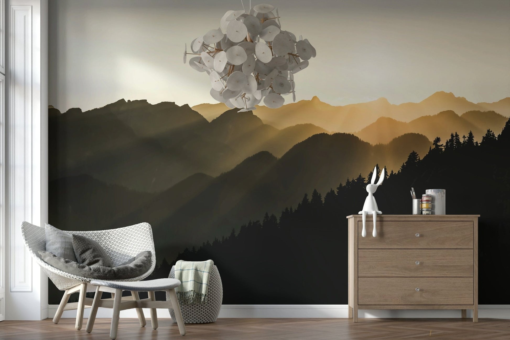 Mountain Dawn Woodland panel, breathtaking nature scene with pine trees.