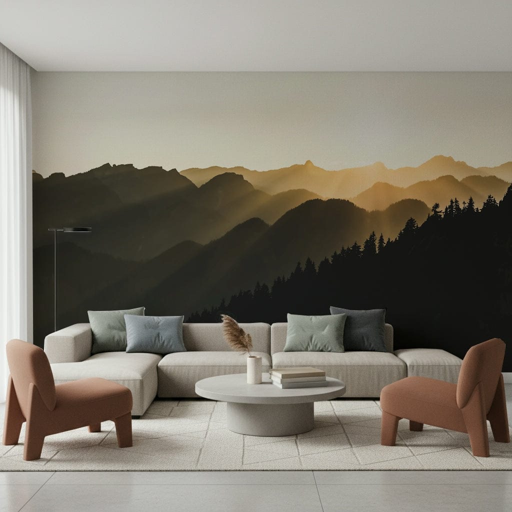 Expansive Mountain Dawn Woodland decor, silhouette of firs against yellow light.