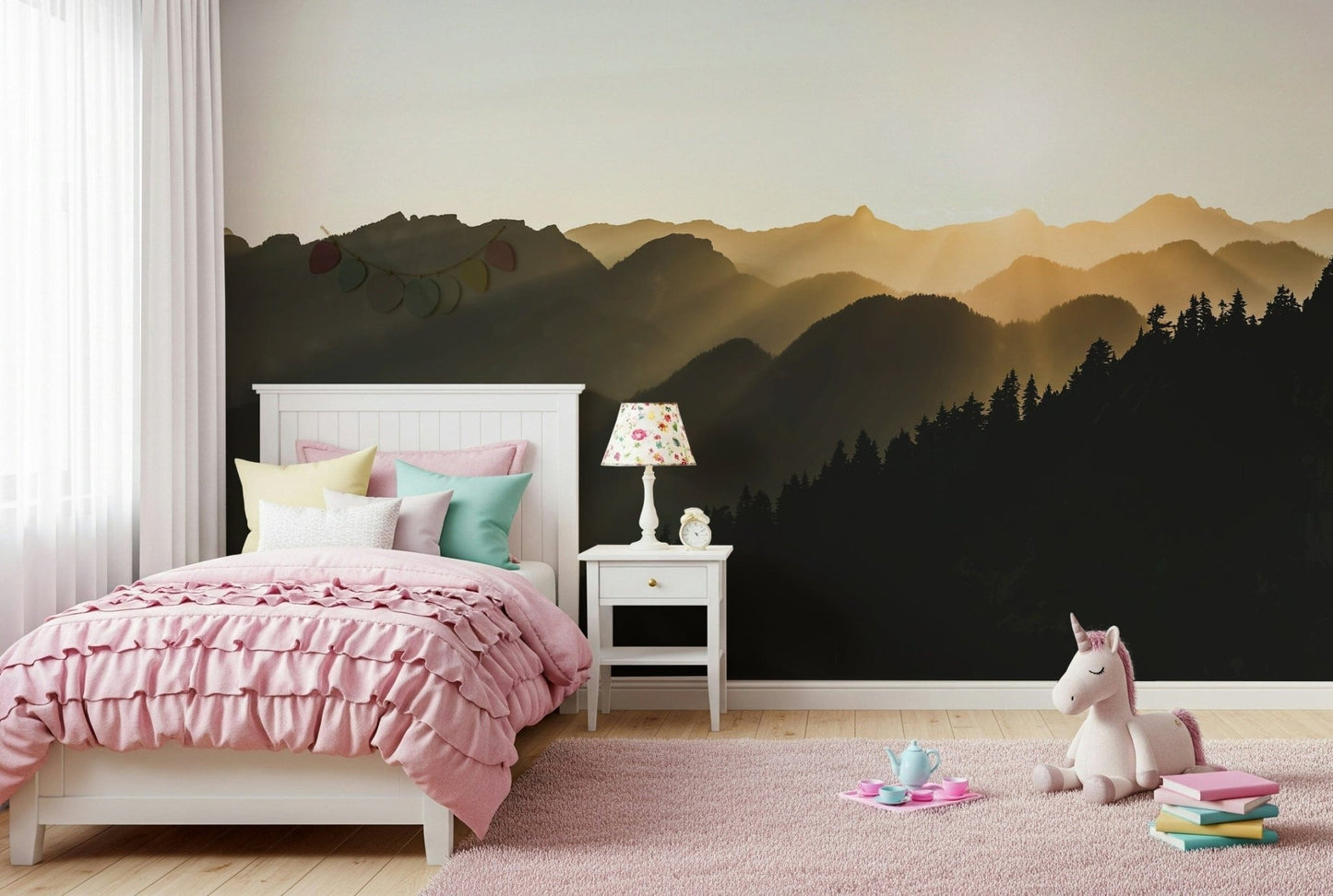 Atmospheric Mountain Dawn Woodland scenery print for peaceful interiors.