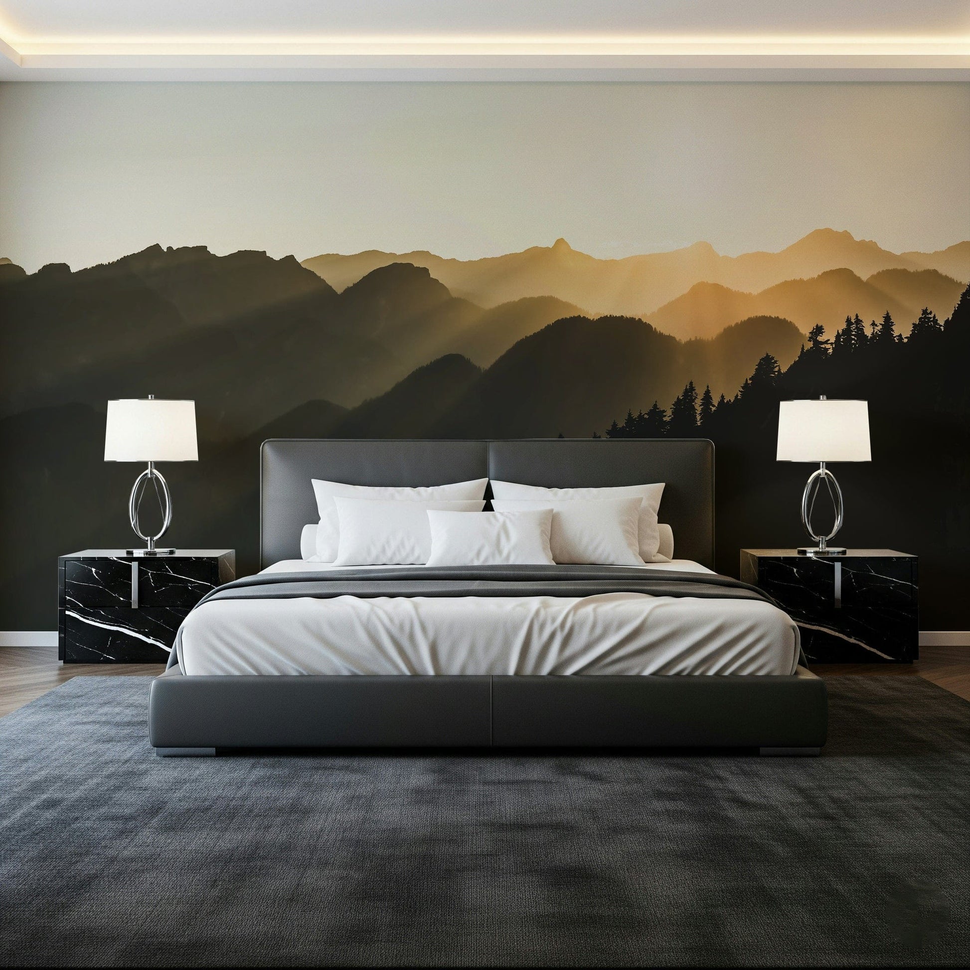 Mountain Dawn Woodland, textured mountainscape mural with deep canyons.