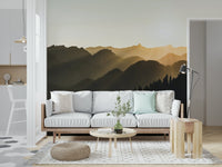 Reflective Mountain Dawn Woodland scene, sunshine peeking through valleys.