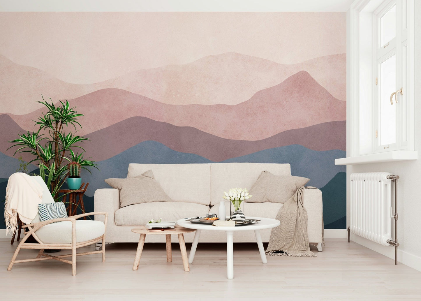 Peaceful Mountain Dreams wall mural layered peaks soft blush tones.