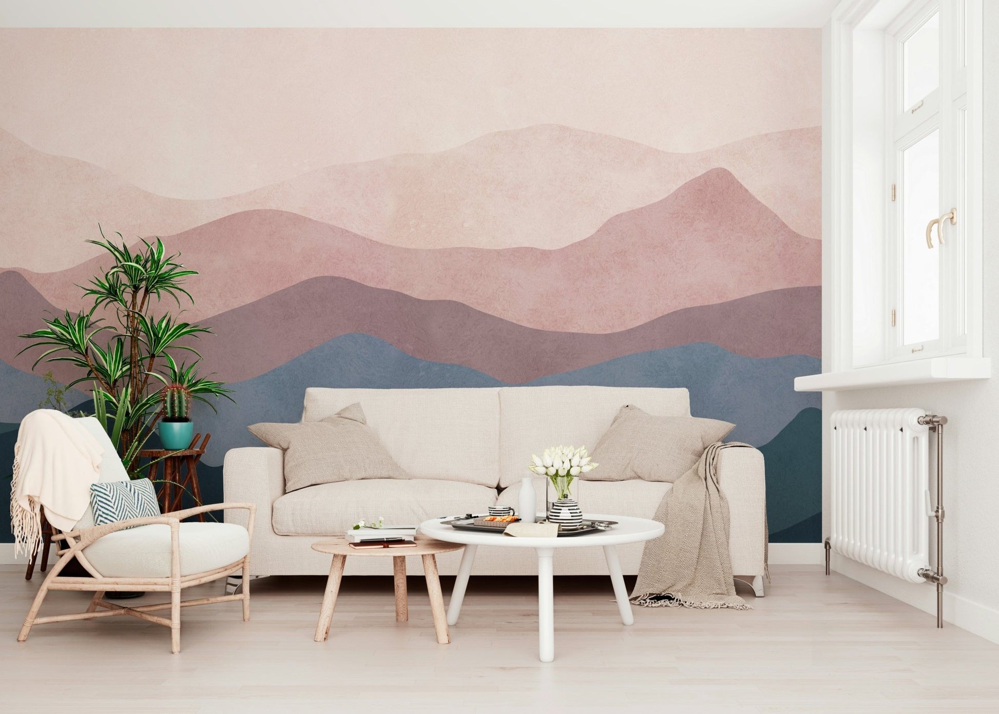 Peaceful Mountain Dreams wall mural layered peaks soft blush tones.