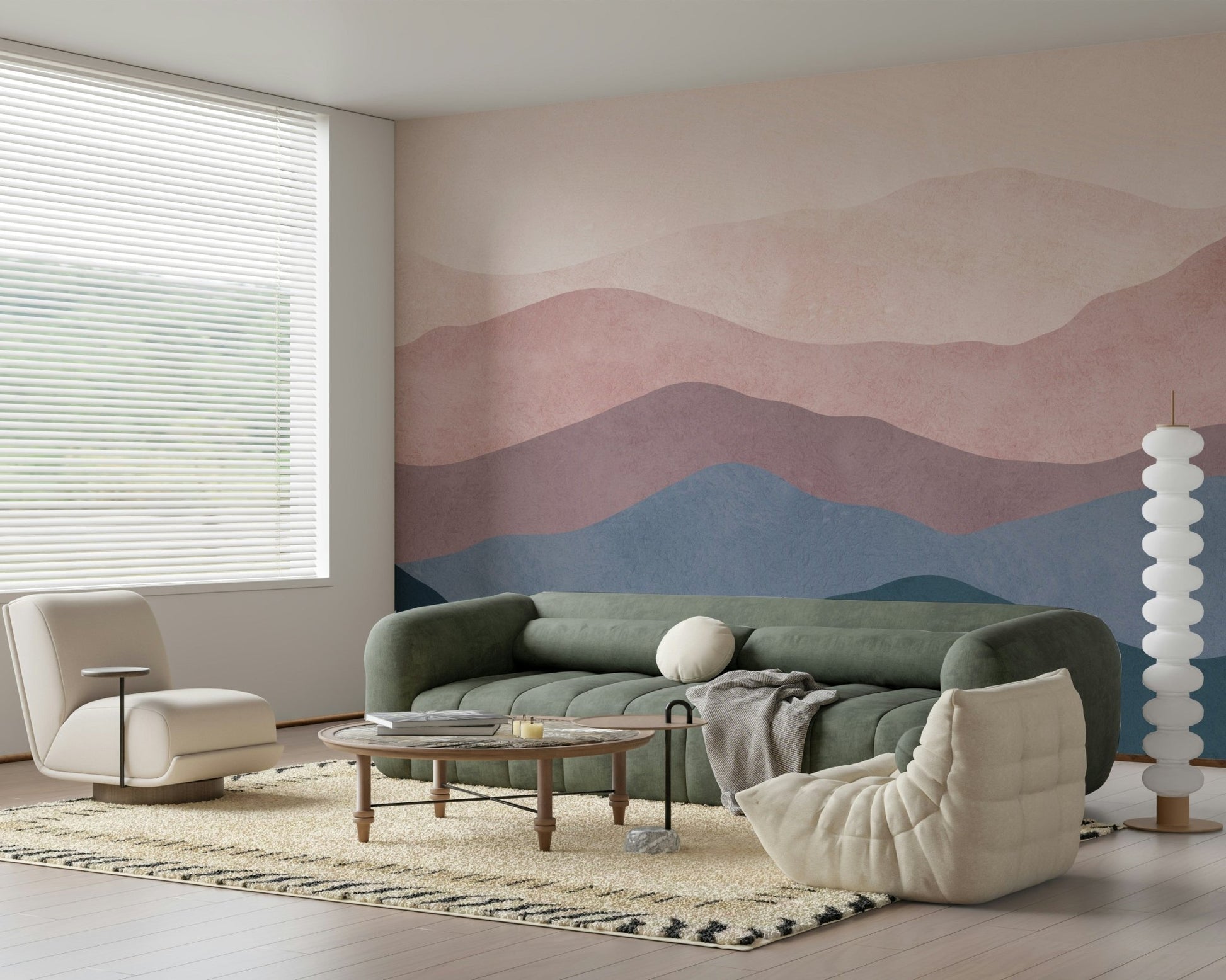 Boho scenic Mountain Dreams wall mural dusty rose blue hues.