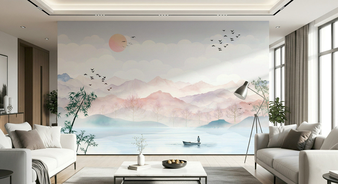 Watercolor Mountain Haze wall mural with misty peaks in a bedroom.