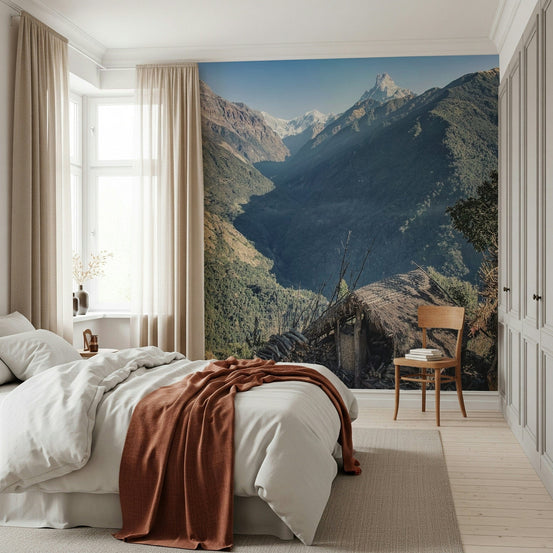 Rustic stone cabin features in Mountain Hut Vista Wall Mural for cozy interiors., GD6721