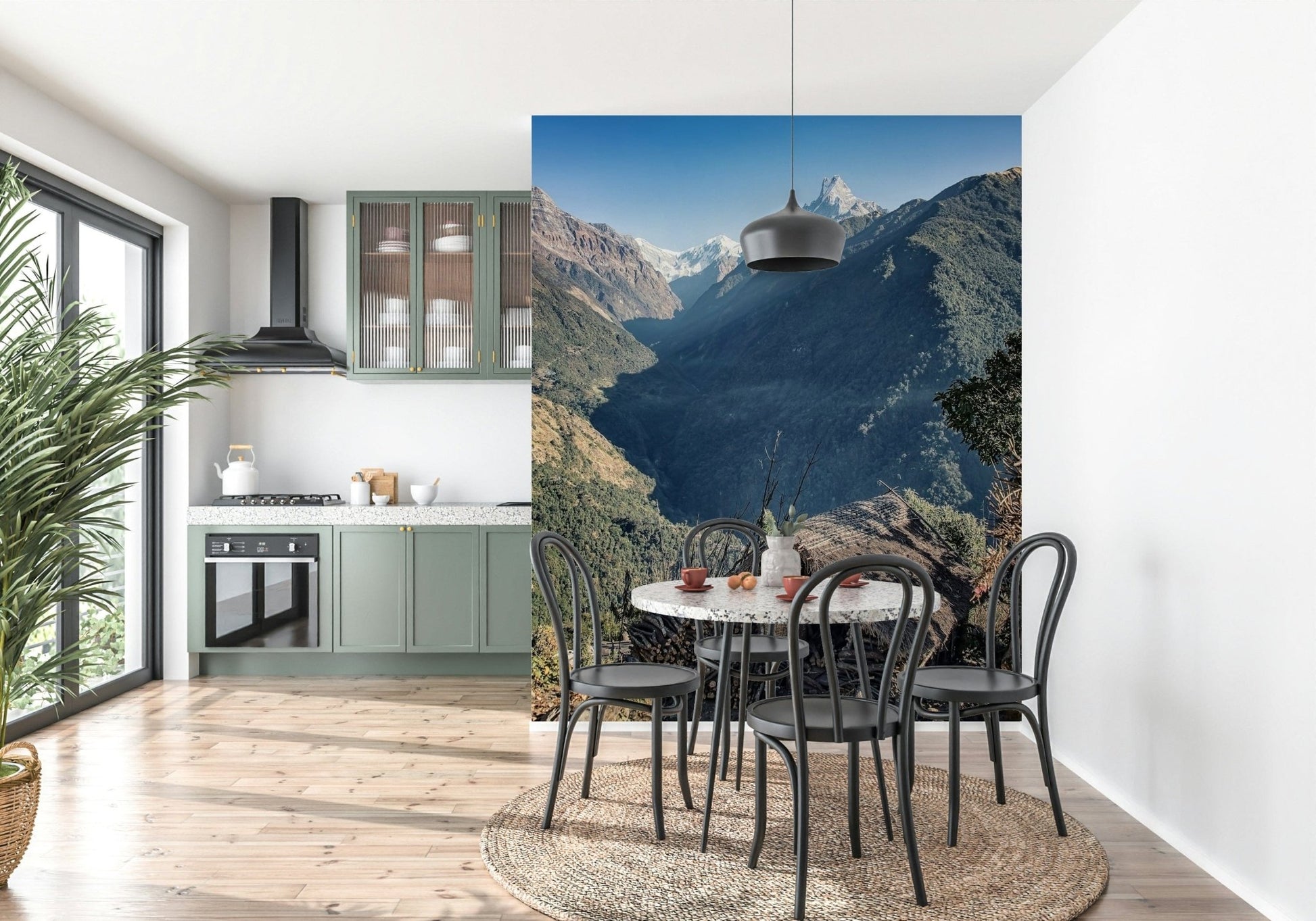 Stacked firewood texture within Mountain Hut Vista wallpaper mural farmhouse aesthetic.