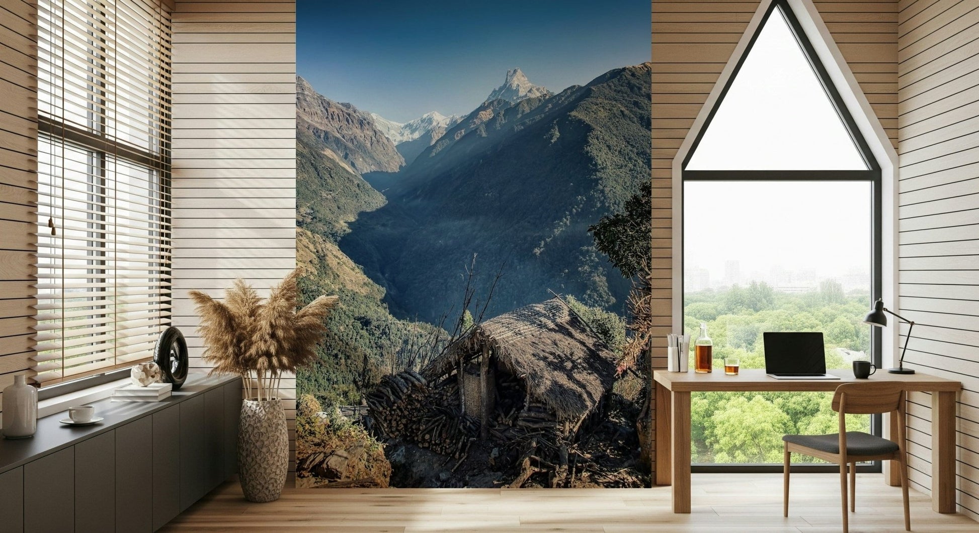 Blue sky over mountains on Mountain Hut Vista Wall Mural high altitude art.