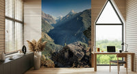 Blue sky over mountains on Mountain Hut Vista Wall Mural high altitude art.