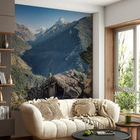 Morning sunlight hitting peaks in Mountain Hut Vista wallpaper scenic print.