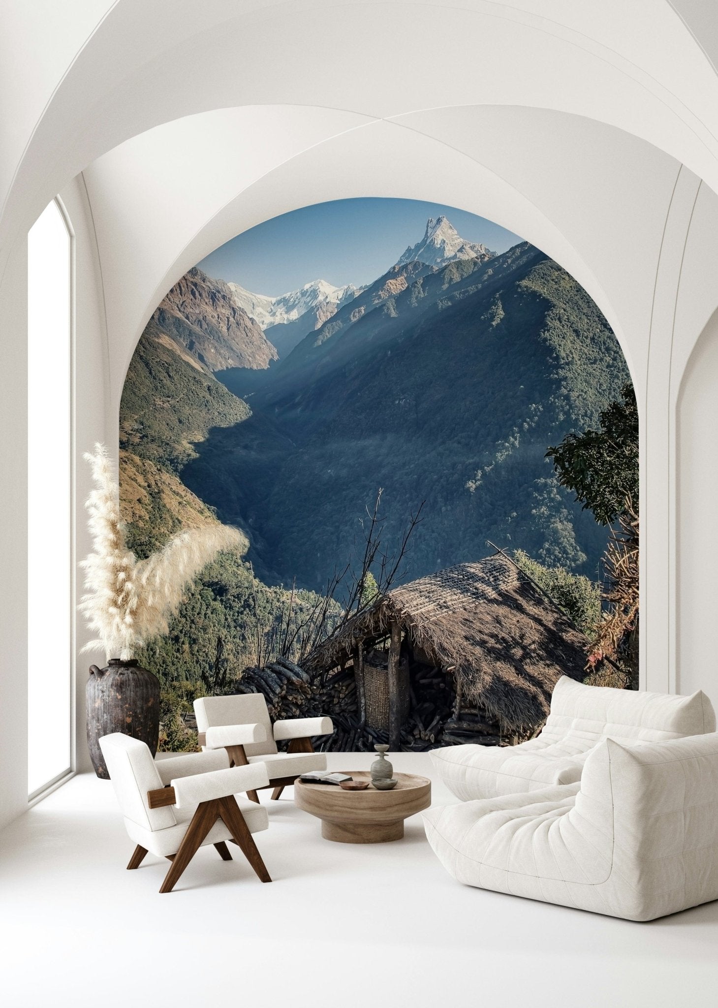 Serene nature landscape Mountain Hut Vista wallpaper calming bedroom decoration.