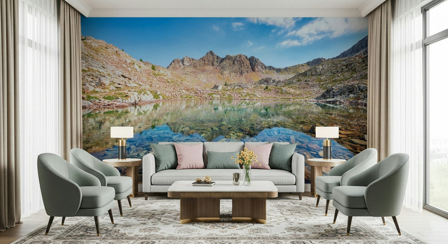 Mountain Lake Serenity wallpaper for walls creates peaceful rooms.