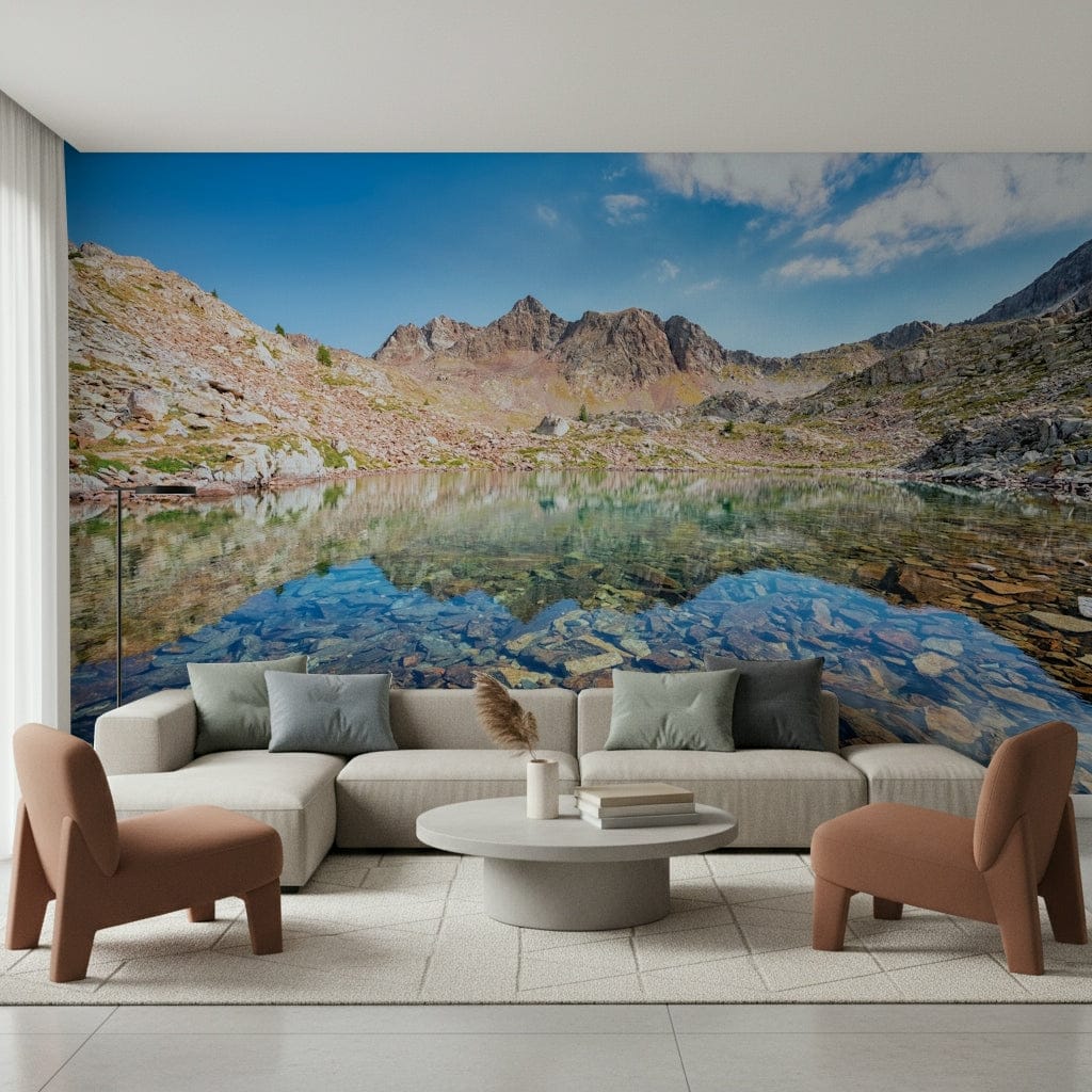 Reflective glacial pond art Mountain Lake Serenity wall mural., GD7509