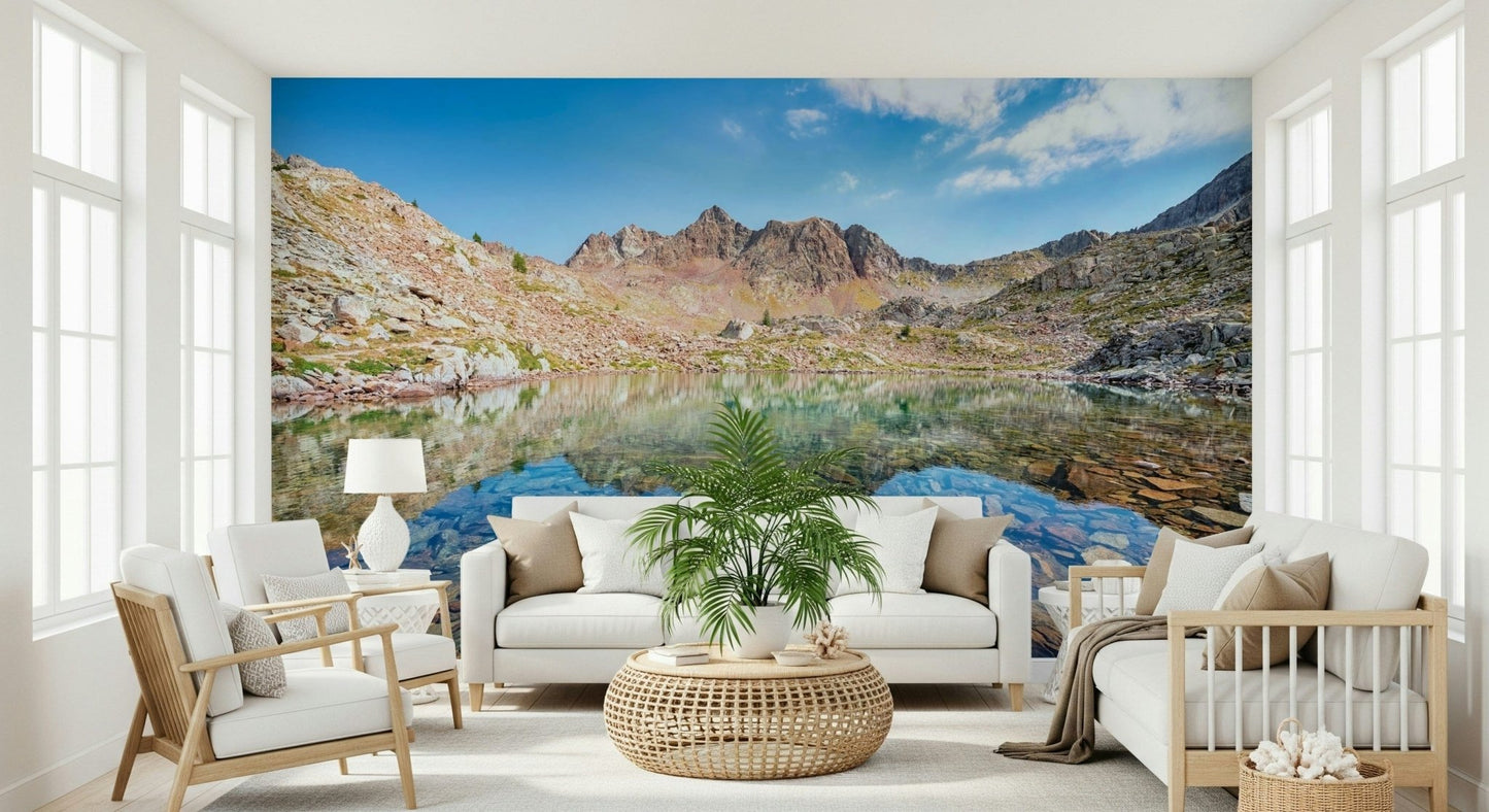 Crystal clear water mural Mountain Lake Serenity decor style.