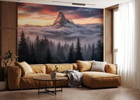 Misty forest pattern of Mountain Majesty at Sunset wall mural.GD9461