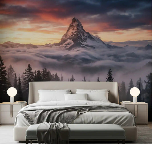 Bedroom showcasing Mountain Majesty at Sunset wall mural.GD9461