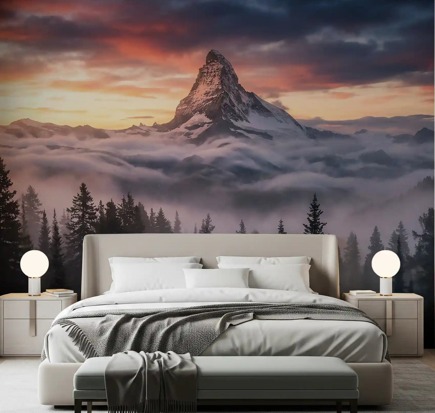 Bedroom showcasing Mountain Majesty at Sunset wall mural.GD9461