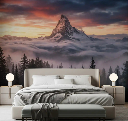Bedroom showcasing Mountain Majesty at Sunset wall mural.GD9461