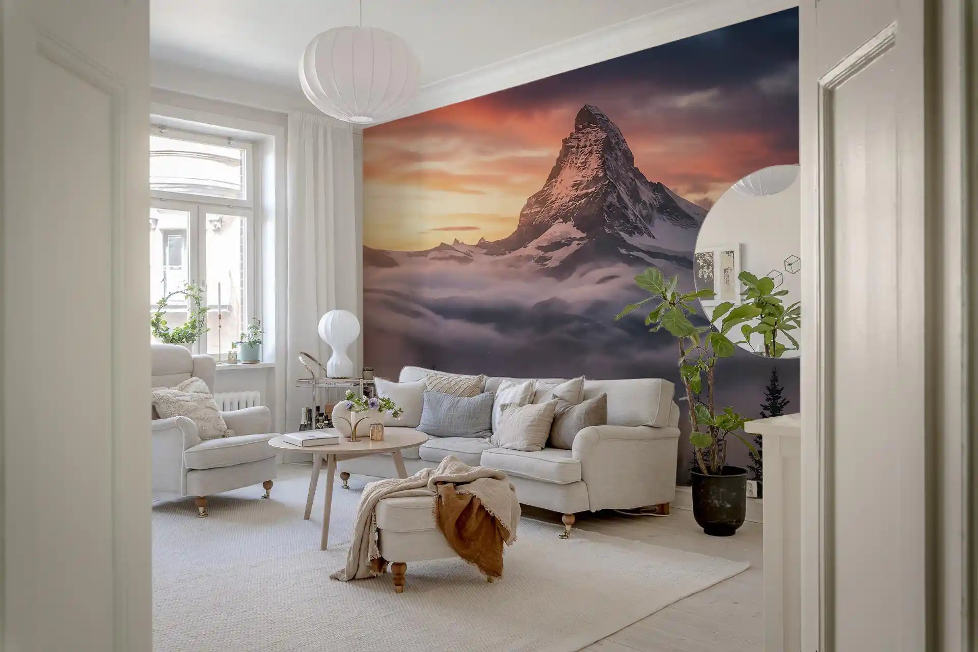 Modern lounge with Mountain Majesty wall mural landscape details.GD9461