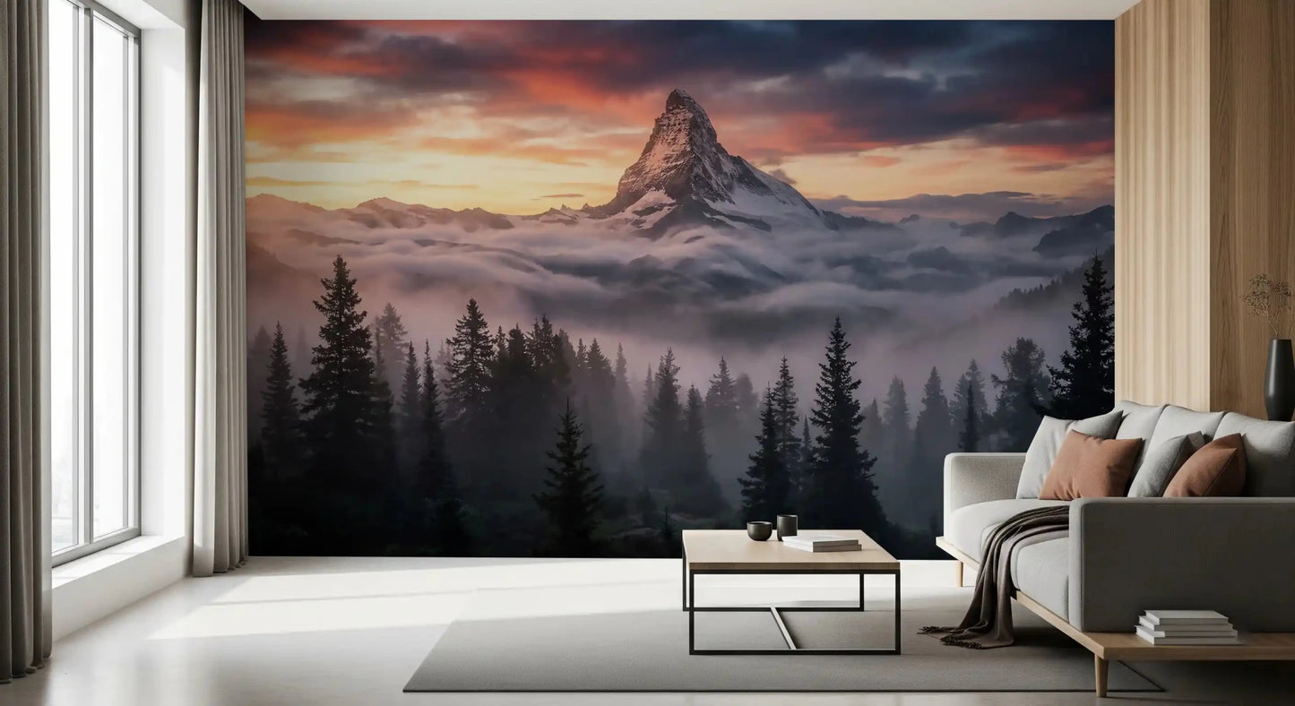 Living room featuring the Mountain Majesty at Sunset wall mural.GD9461