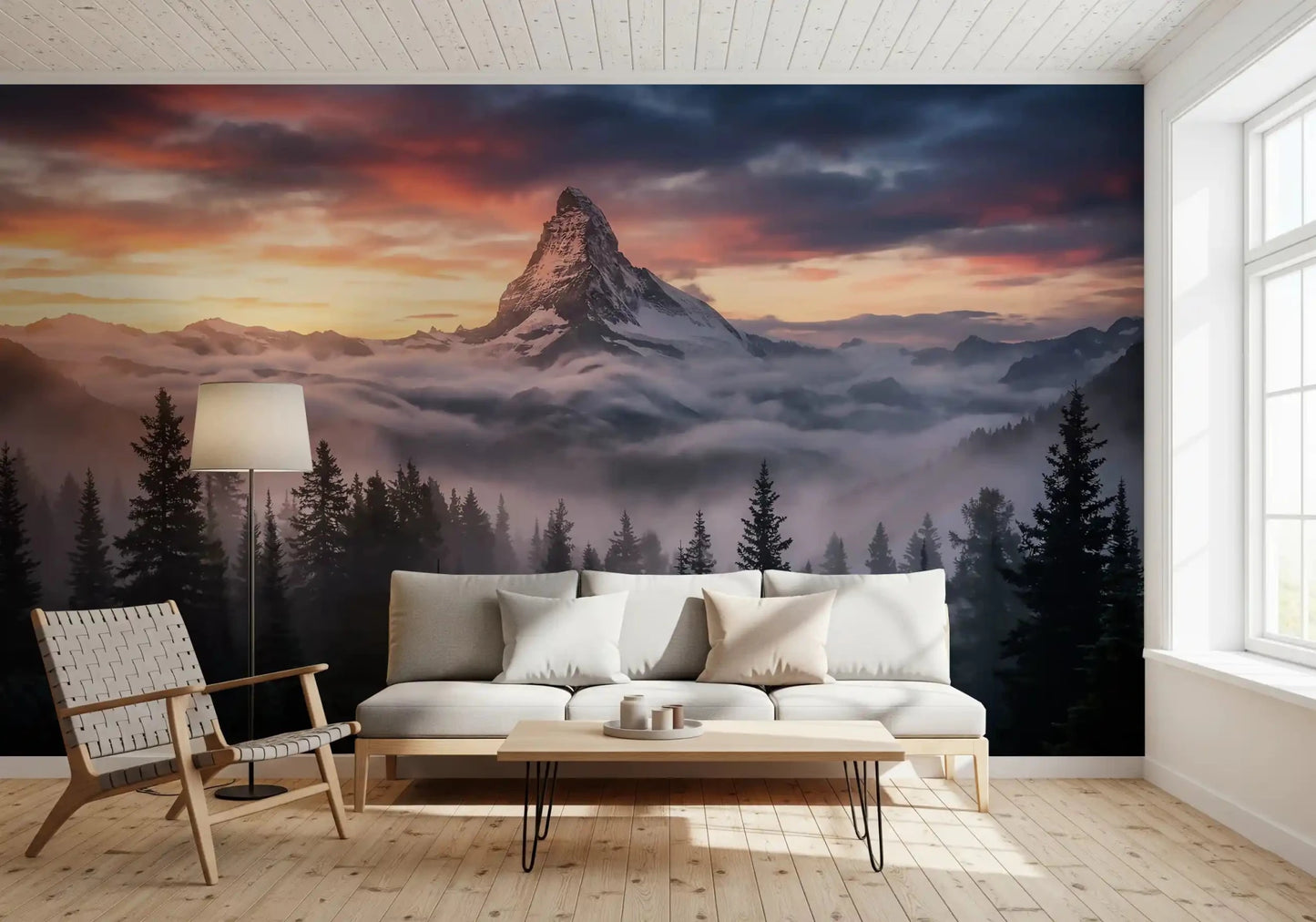 Living room decorated with the Mountain Majesty wall mural views.GD9461