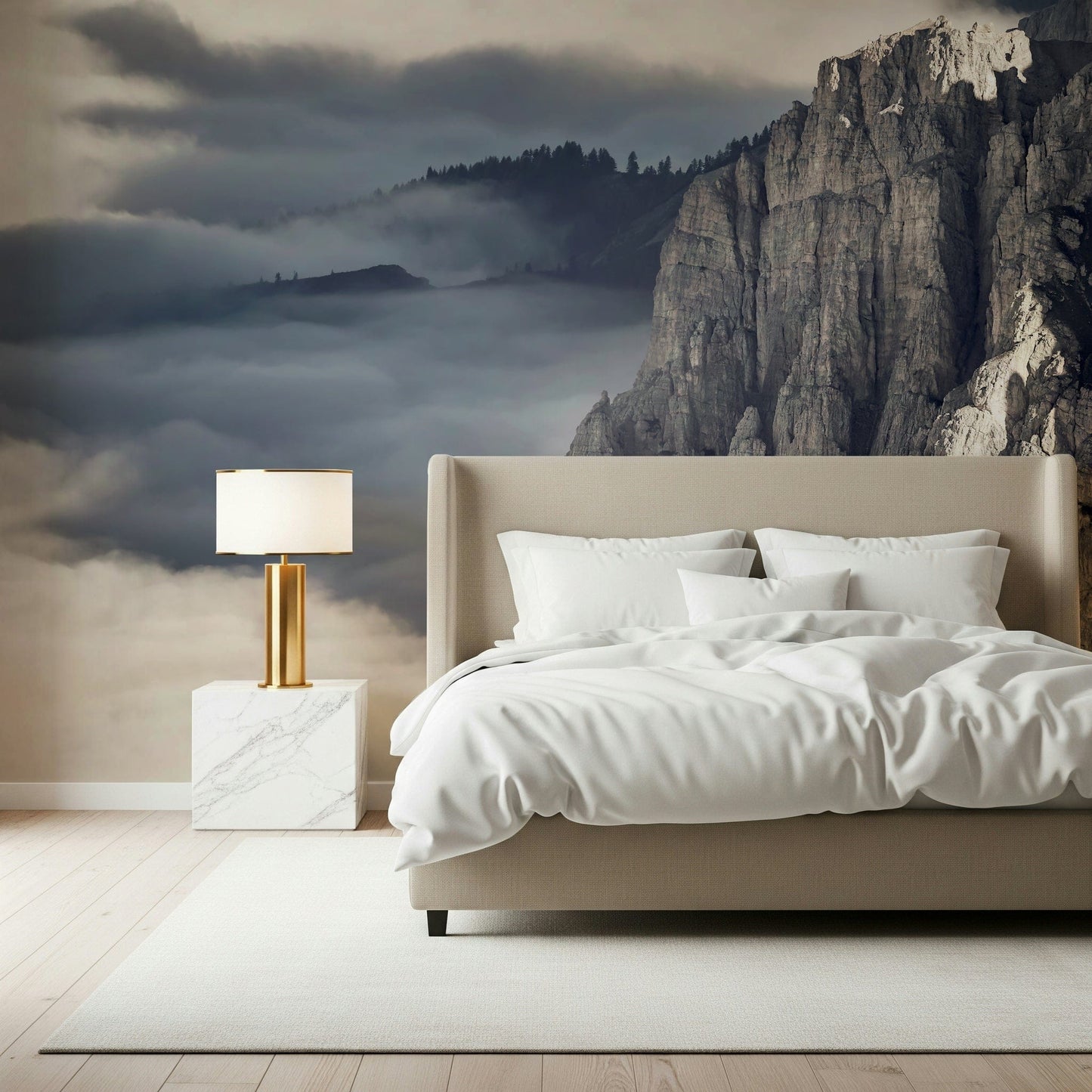 An artistic scenic landscape mural on minimalist wallpaper.