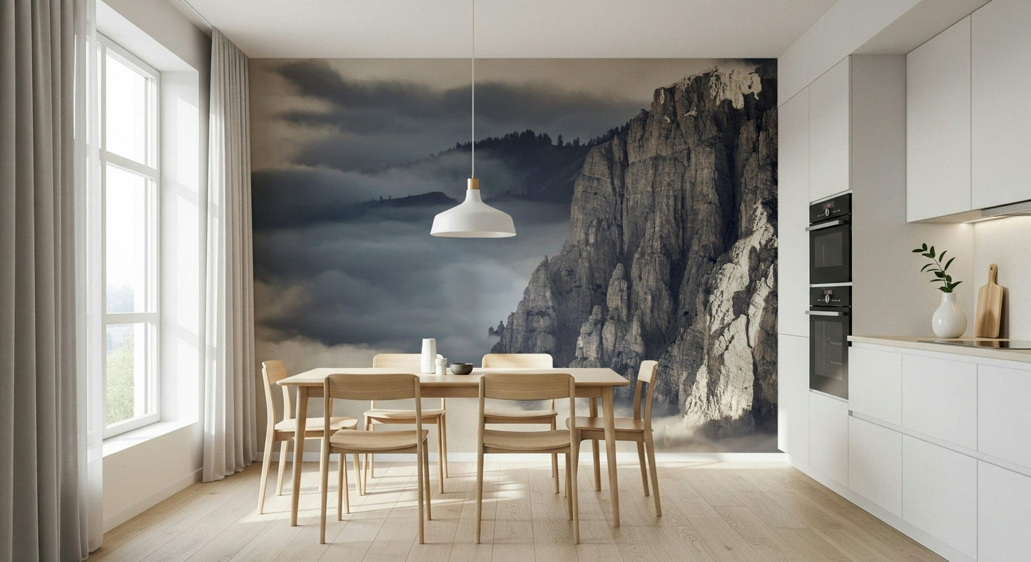A graceful subtle mountain wall mural in cool, natural tones.