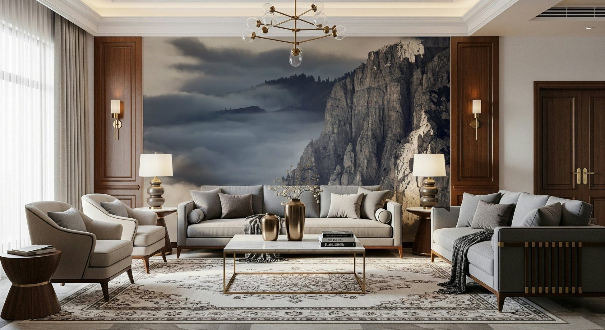 A contemplative dramatic vista wallpaper mural for a feature wall.