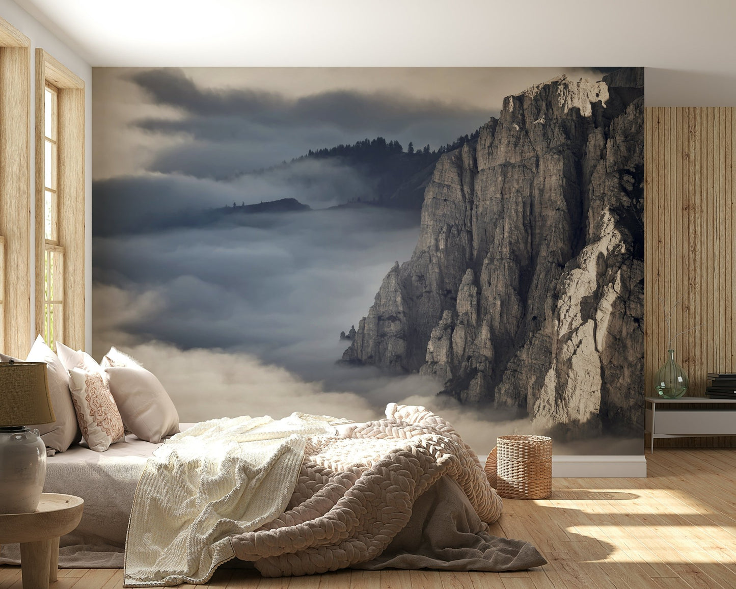 A peaceful mountain range mural on decorative wallpaper.