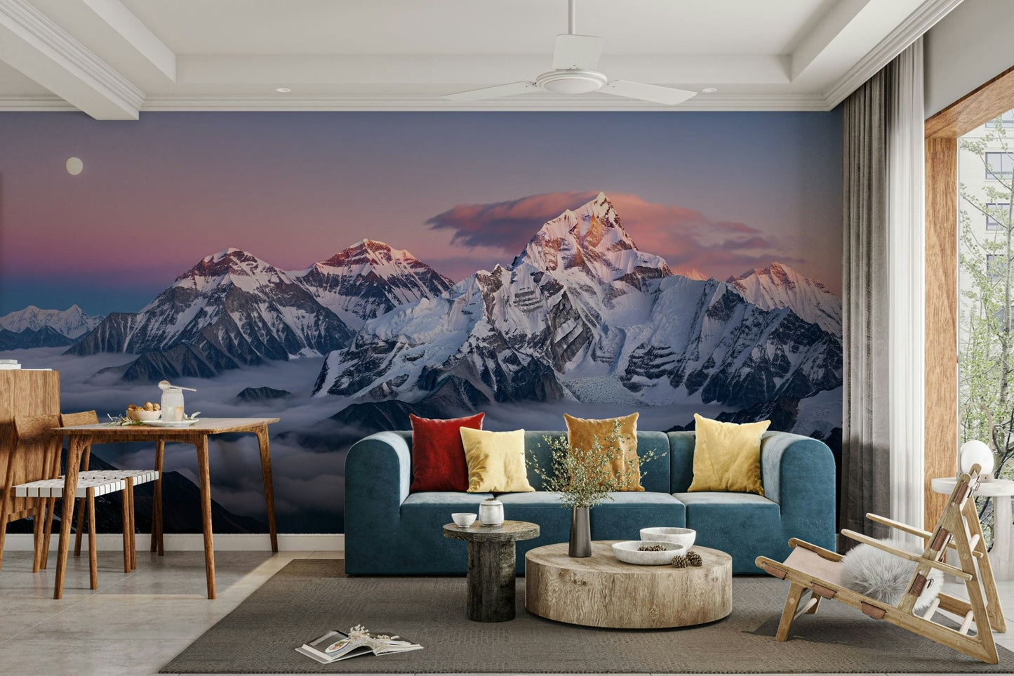 A peaceful wall mural with an elegant mountain landscape.

