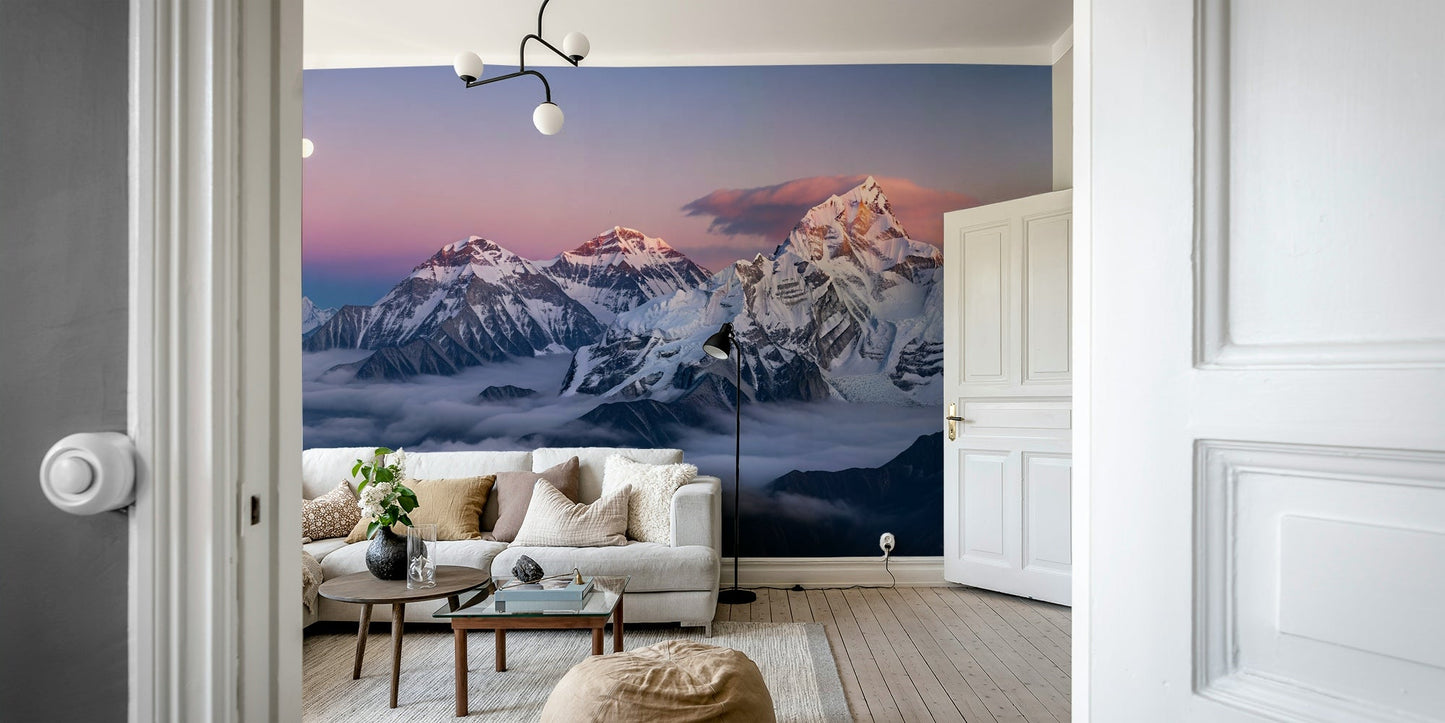 The design features majestic mountain peaks shrouded in a misty valley.

