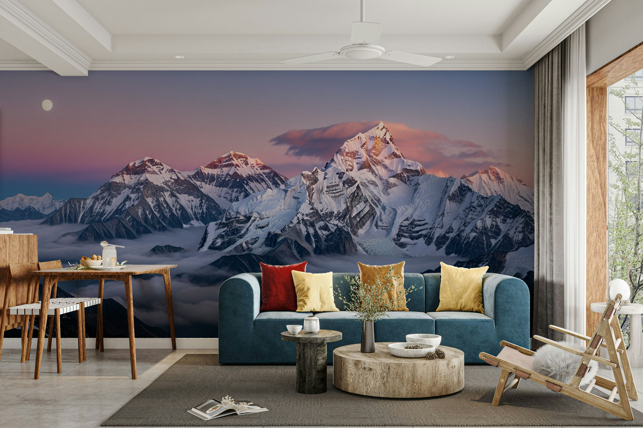 A peaceful wall mural with an elegant mountain landscape.

