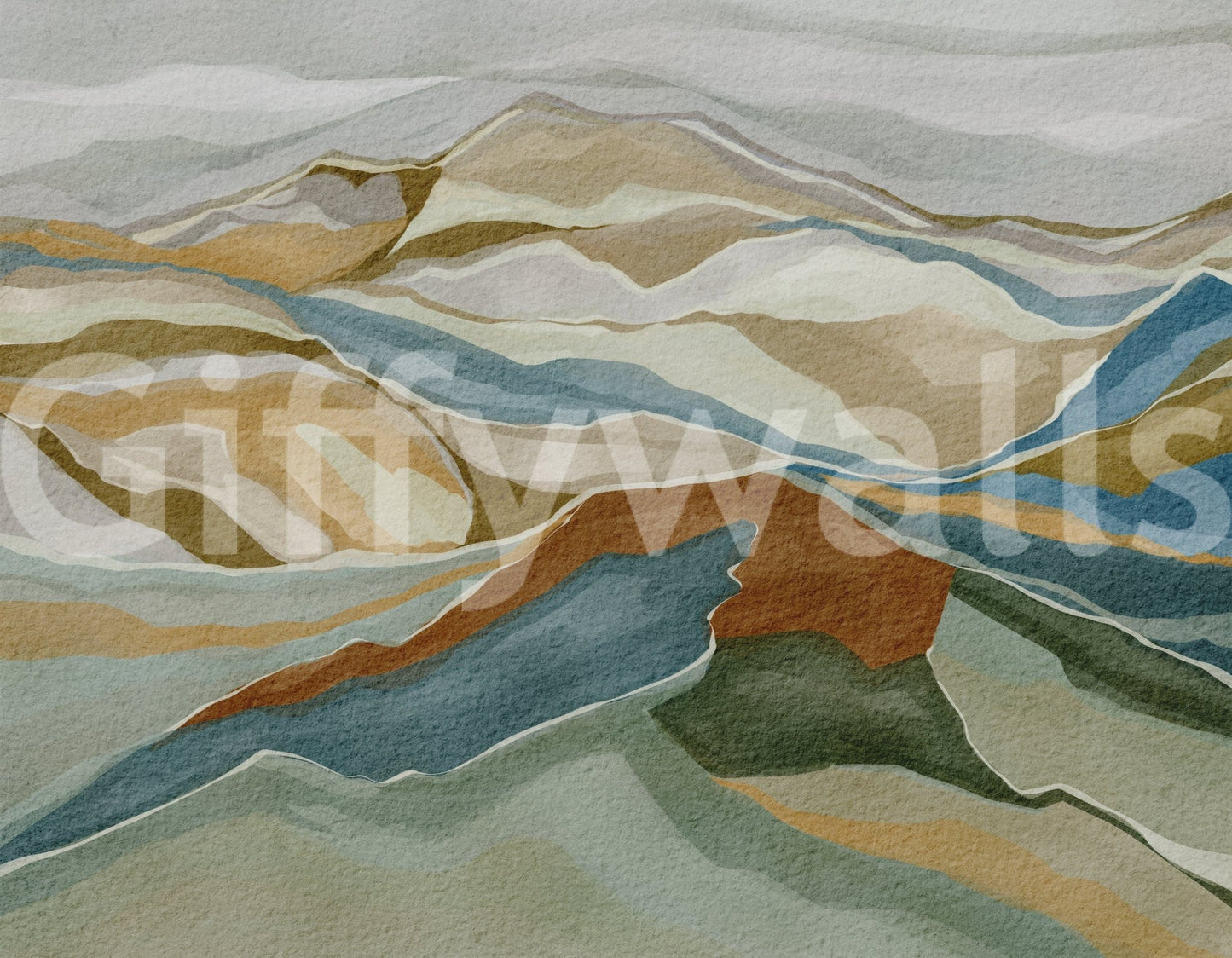 Scenic layered hills in Mountain peaks Wall Mural with blue, beige, and rust tones, GD8687