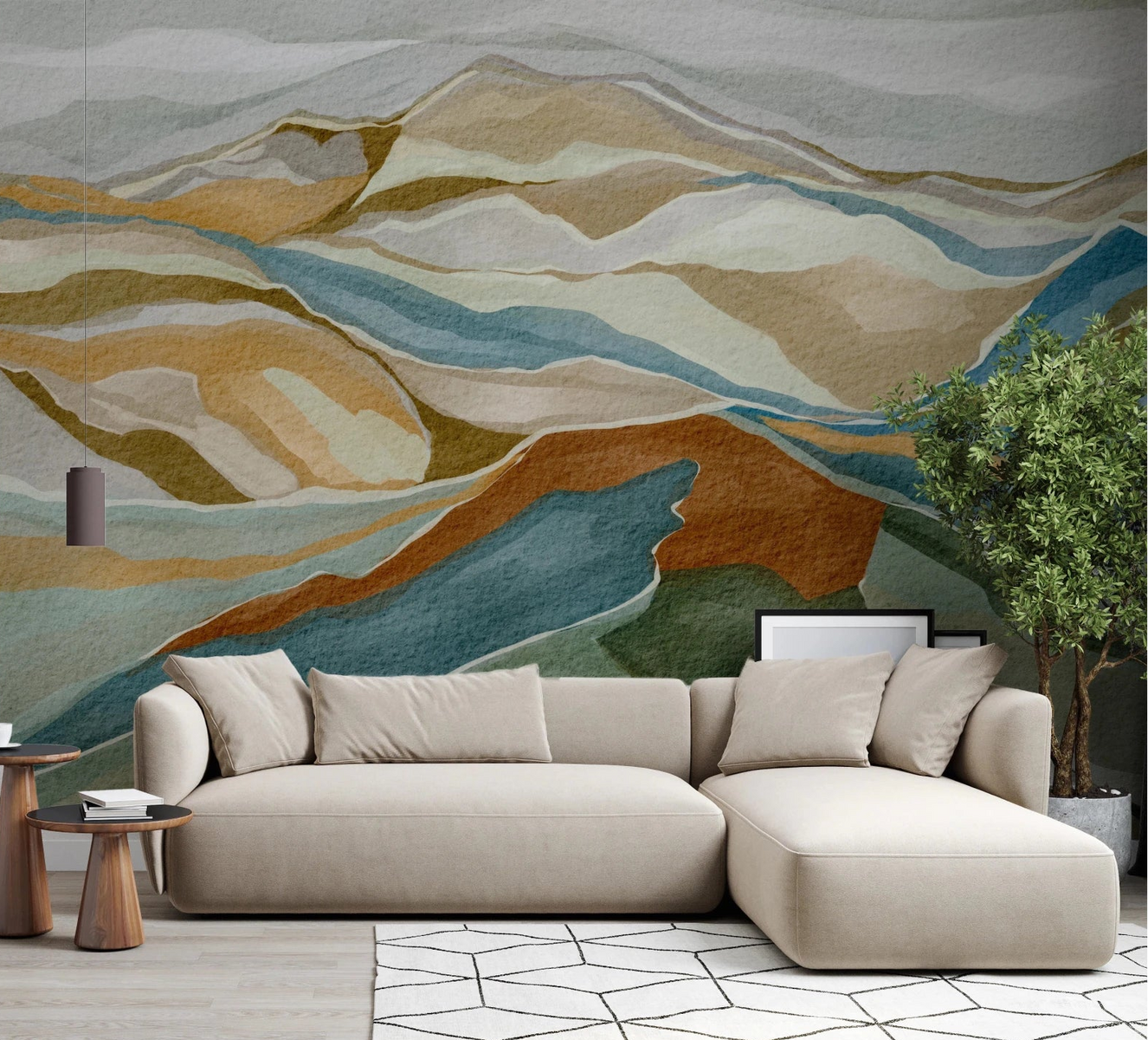 Living room styled with Mountain Peaks Wall Mural in soft earthy landscape tones