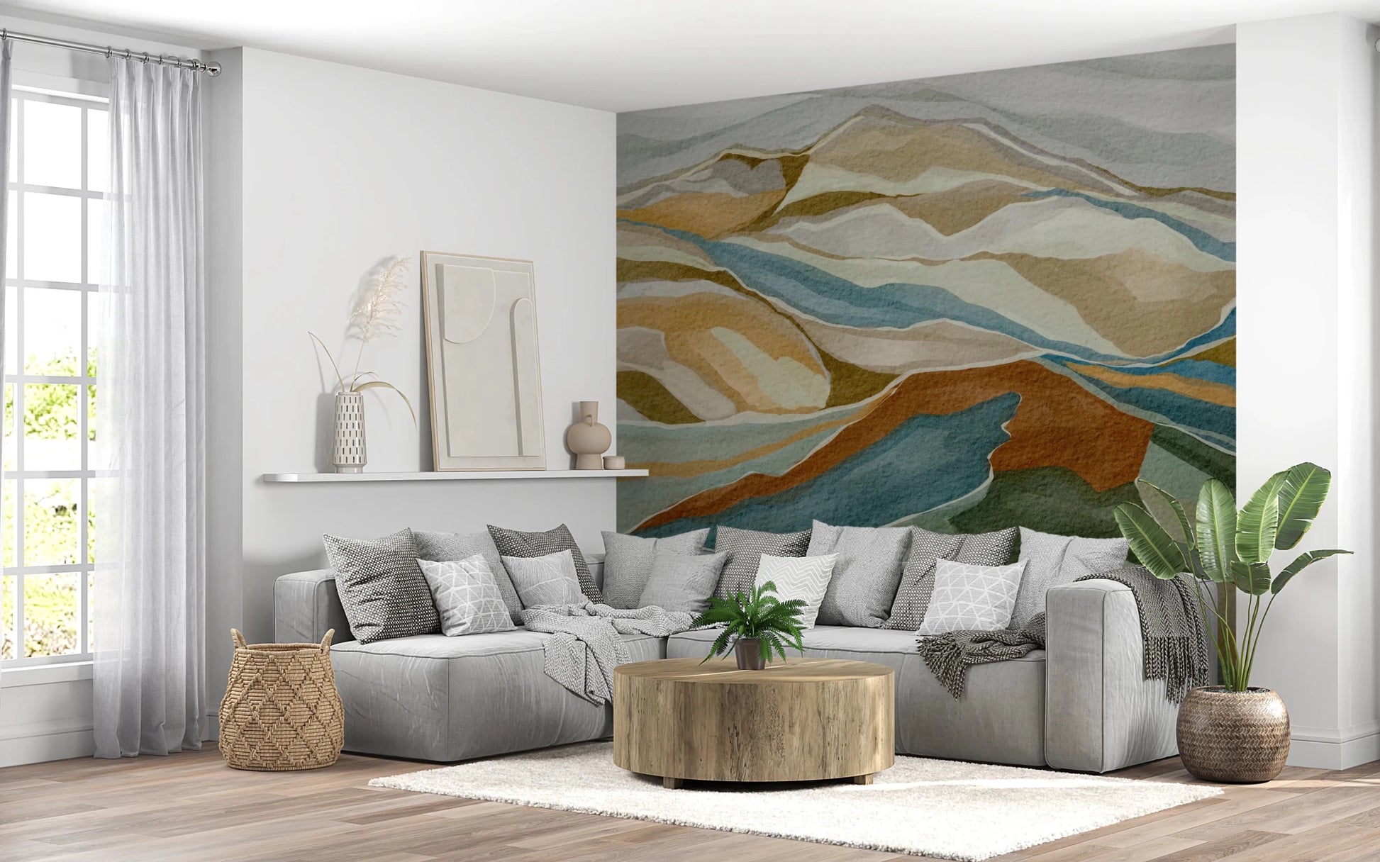 Bright sitting area with Mountain Peaks Wall Mural in artistic layered terrain style, GD8687