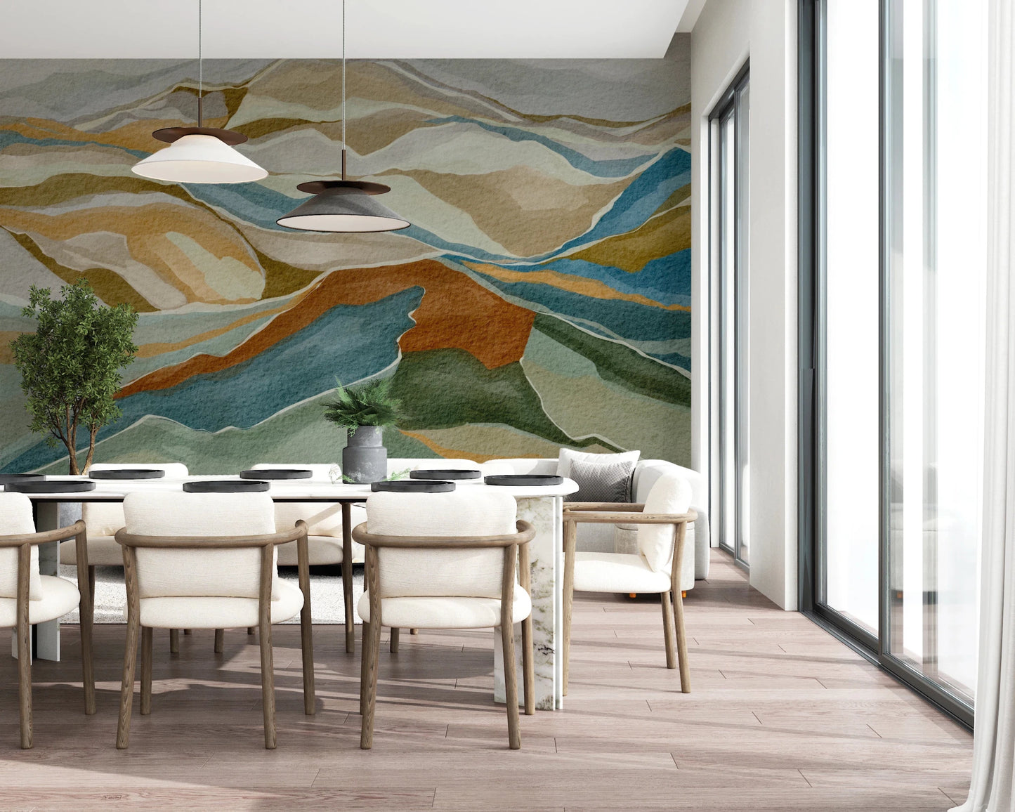 Dining view with Mountain Peaks Wall Mural in calming beige, teal, and rust hues, GD8687
