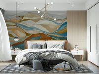 Bedroom featuring Mountain Peaks Wall Mural with layered hills and flowing blue tones, GD8687