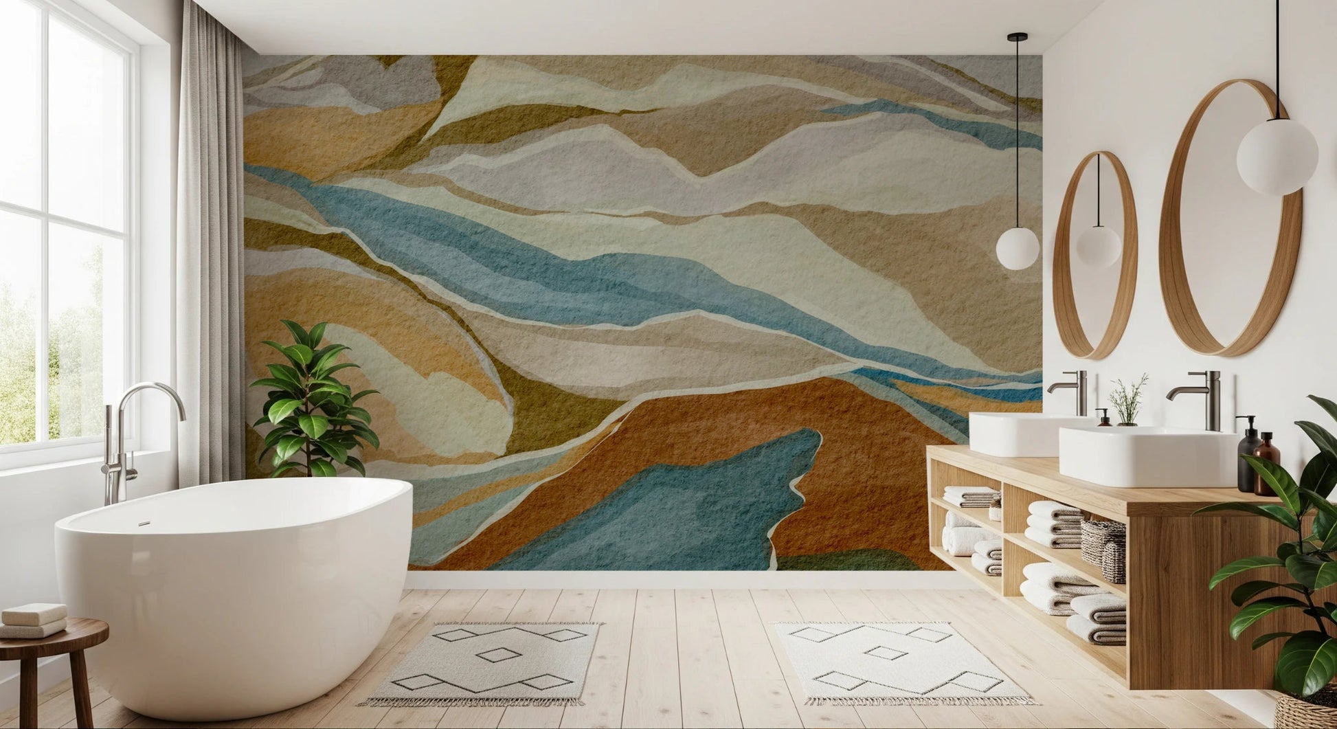 Bathroom corner accented by Mountain Peaks Wall Mural in muted landscape tones, GD8687