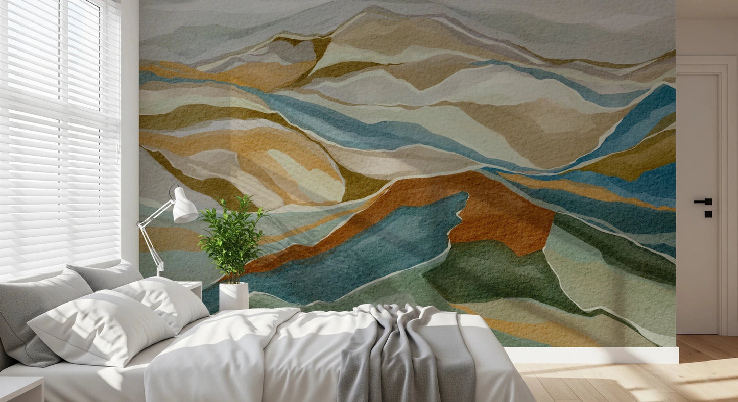 Neutral bedroom with Mountain Peaks Wall Mural and abstract mountain scenery, GD8687