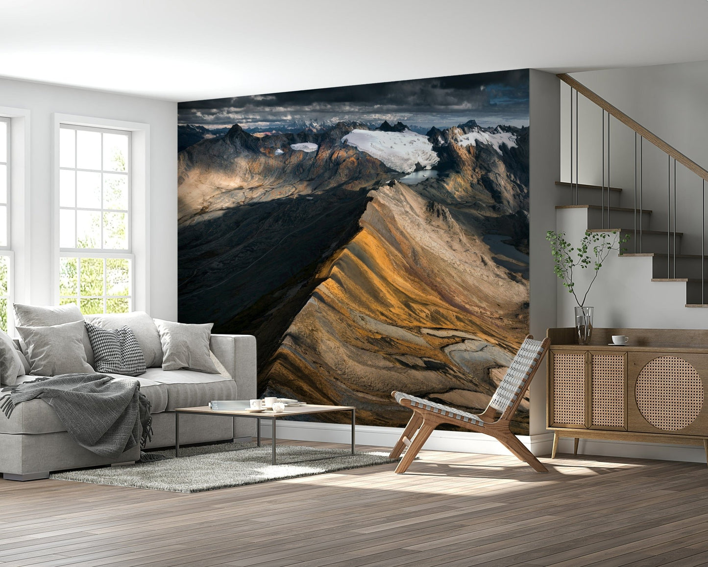 A beautiful panoramic mountain ridge wallpaper mural for a modern home.