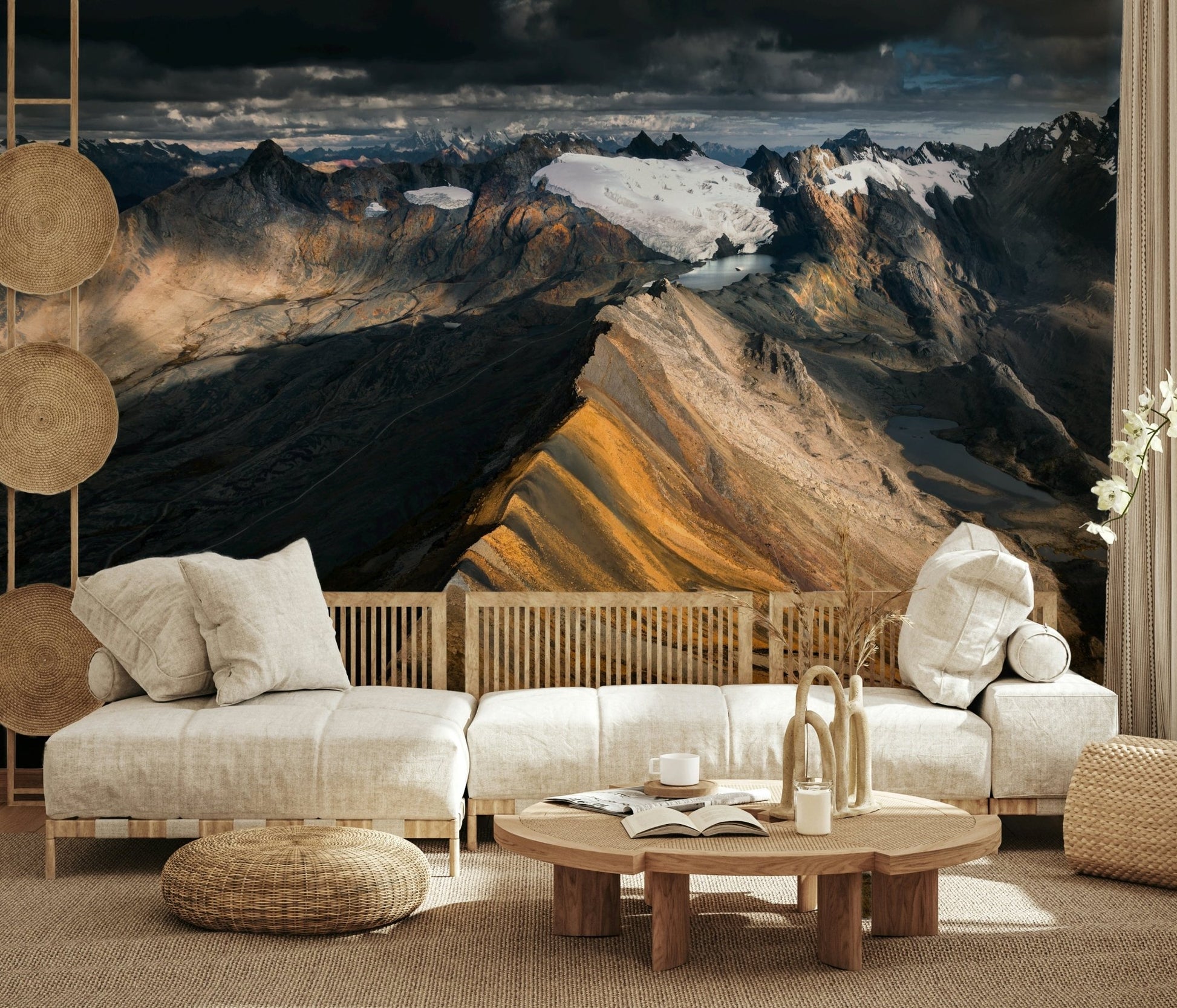 A calming serene mountain wallpaper mural that defines a space.