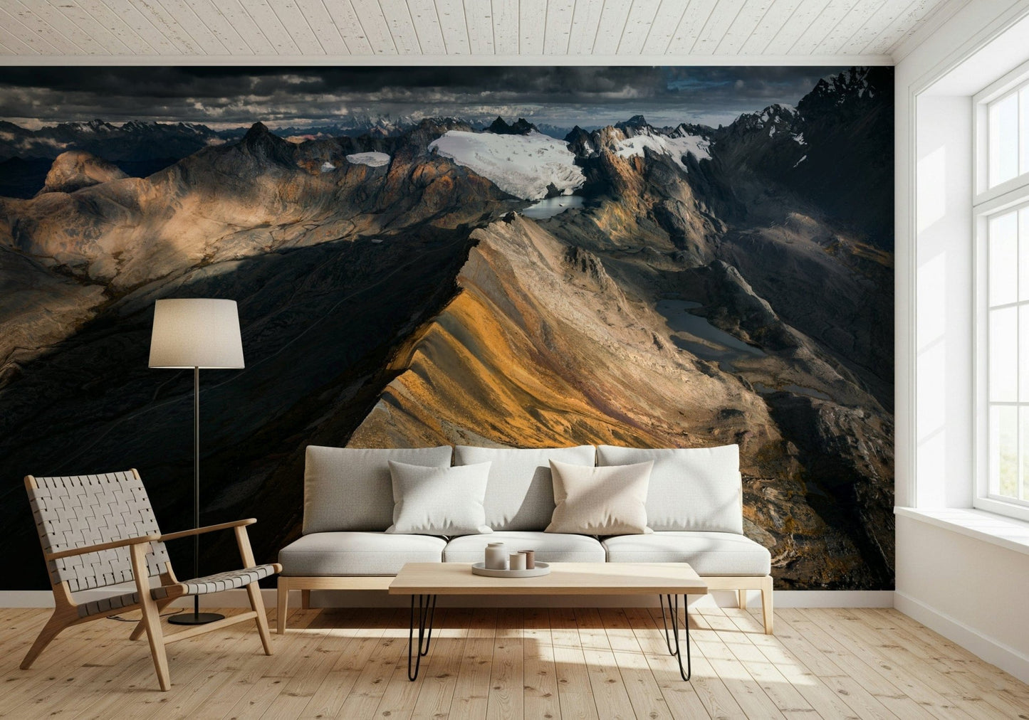 An artistic scenic landscape mural on minimalist wallpaper.