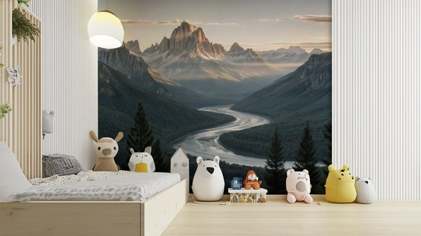 The colors are soft, muted tones of blue, green, and gray.

