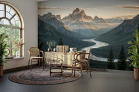 The image shows an artistic impression of a serene mountain and river scene.

