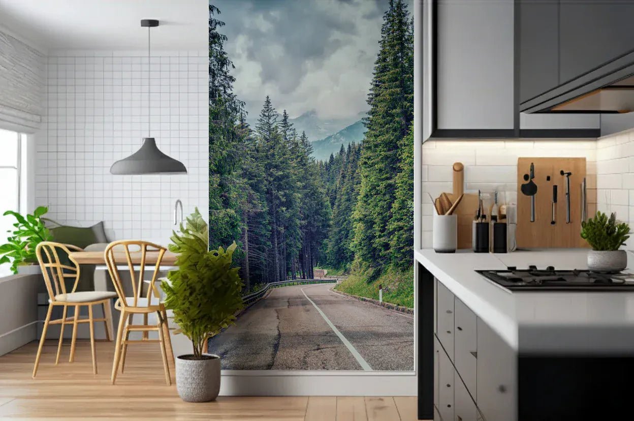 Mountain road vista wallpaper mural for living room walls