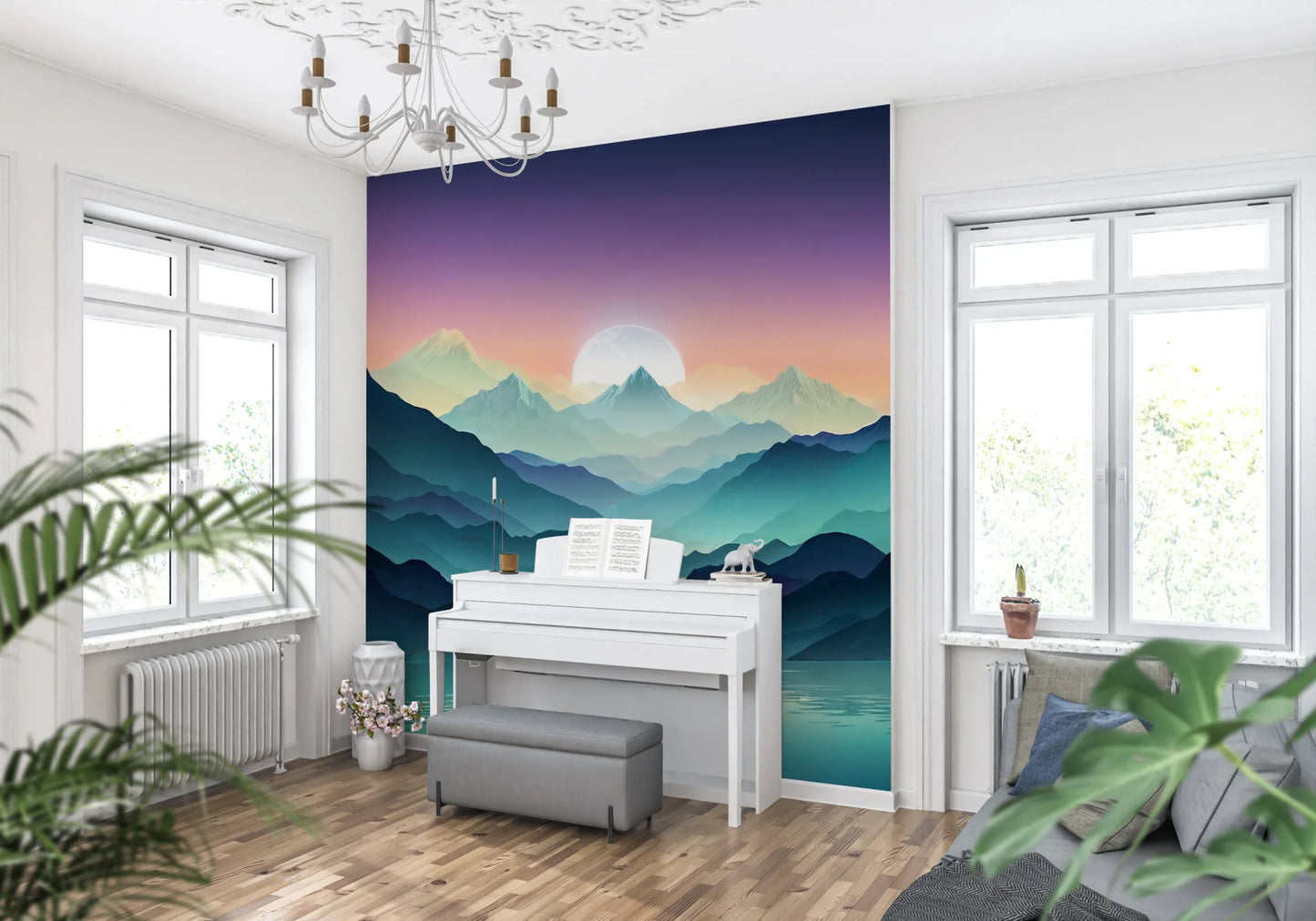 Mountain Serenity Wall Mural behind a neutral sofa in a bright apartment.