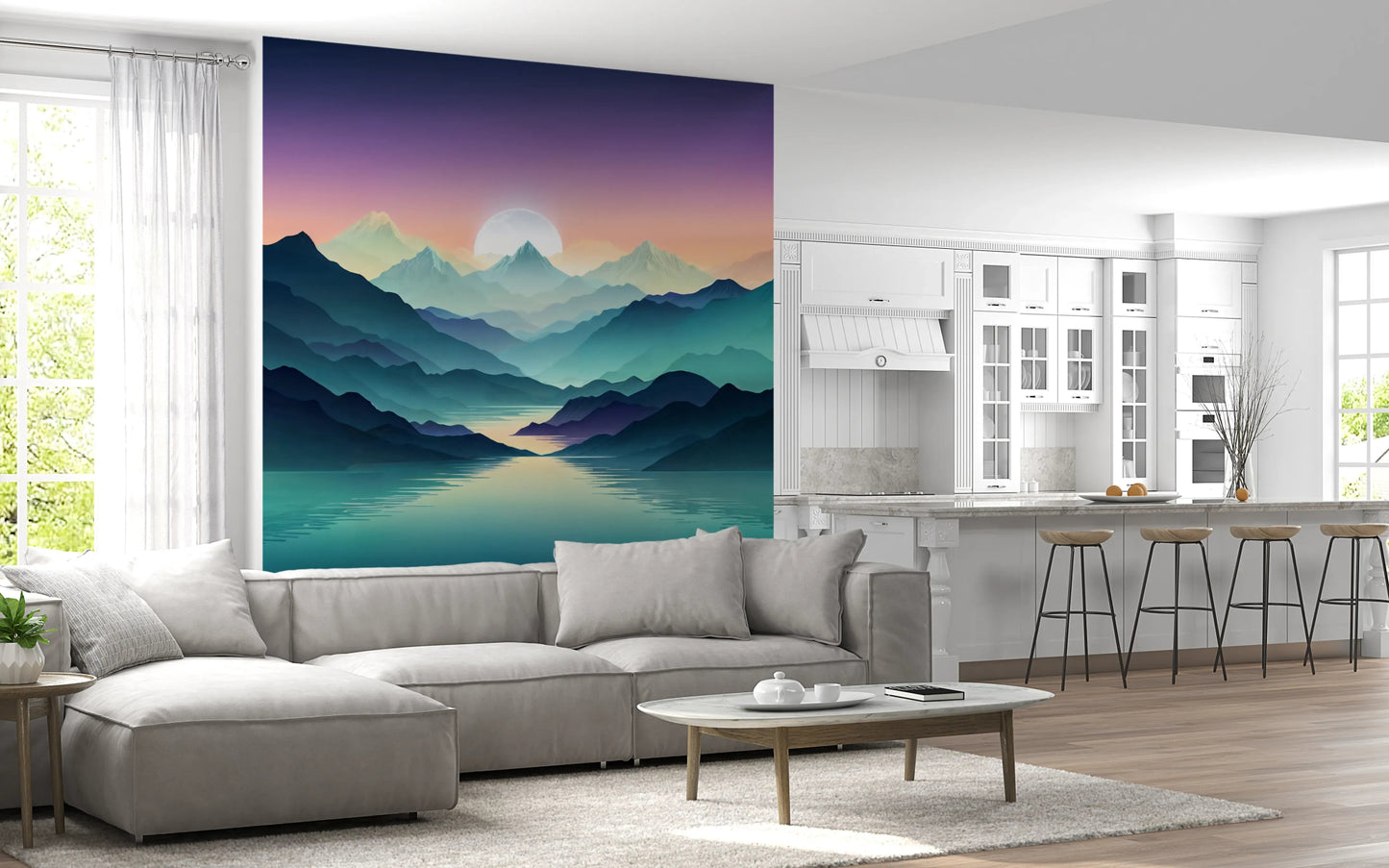 Contemporary dining area with Mountain Serenity Wall Mural landscape.