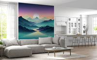 Contemporary dining area with Mountain Serenity Wall Mural landscape.